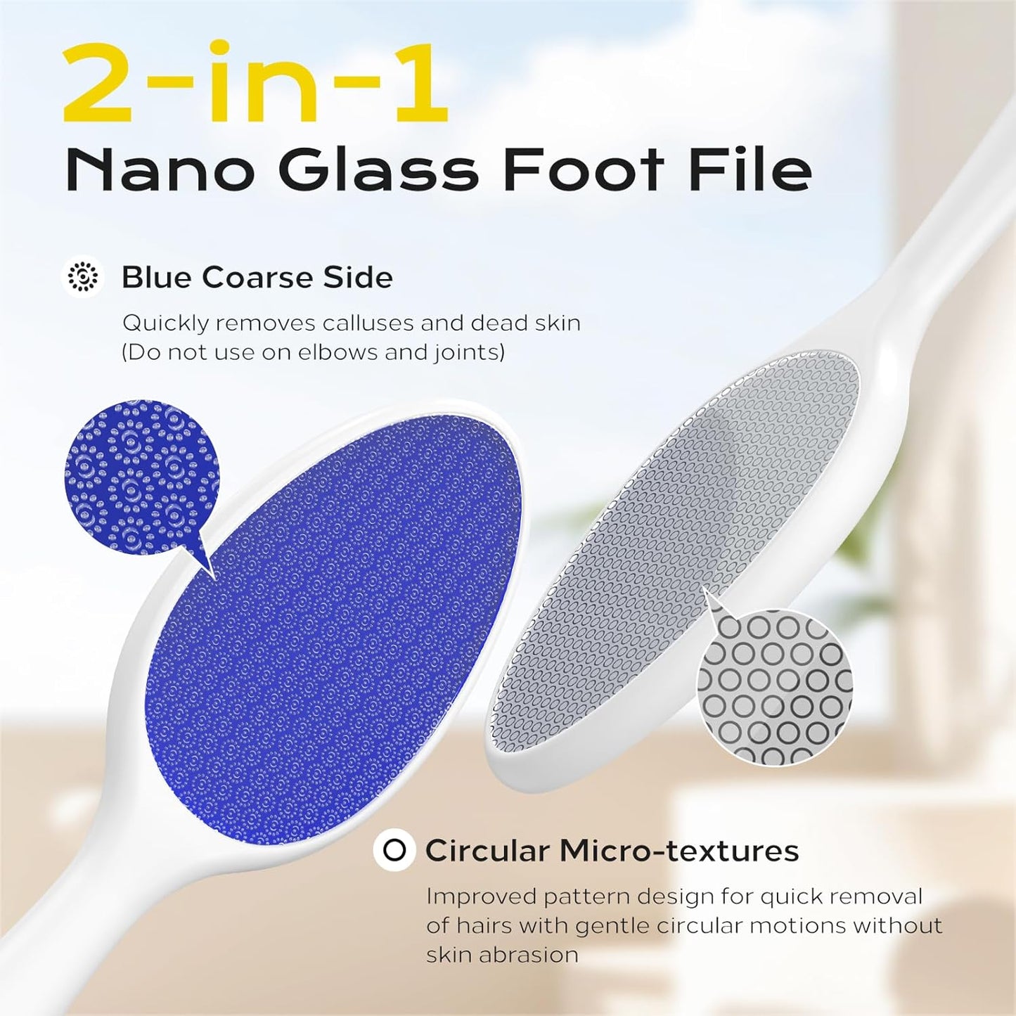 Foot File, Nano Glass Foot File Callus Remover with Handle, 2-in-1 Foot Scrubber Dead Skin Remover, Gentle Exfoliation Foot Buffer Pedicure Tools for Feet-Blue