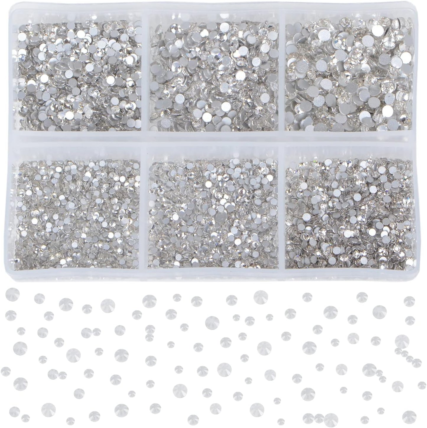 Bymitel 7200 Pieces 6 Mixed Sizes Glue Fix on Glass Rhinestones Round Crystal Gems Flatback for DIY Jewelry Making with one Picking Pen(6-Sizes 7200PCS, Clear Crystal)