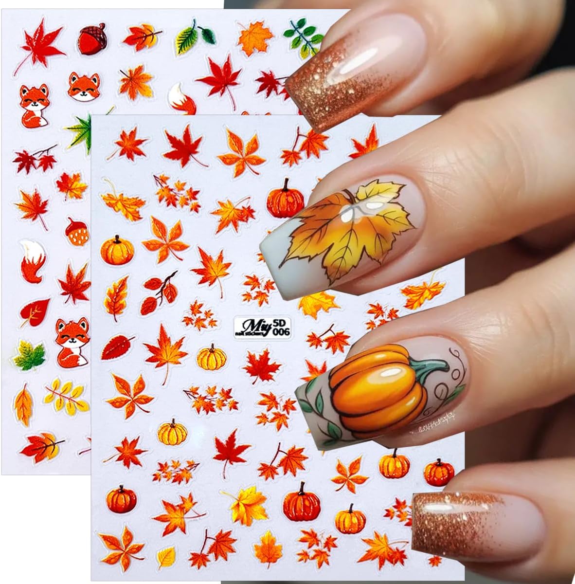 6 Sheets Fall Nail Stickers 5D Embossed Autumn Maple Leaf Nail Art Decals Thanksgiving Pumpkins, Fox, Squirrel, Ginkgo Leaf Design Self-Adhesive Fall Stickers for Nails DIY Manicure Supplies