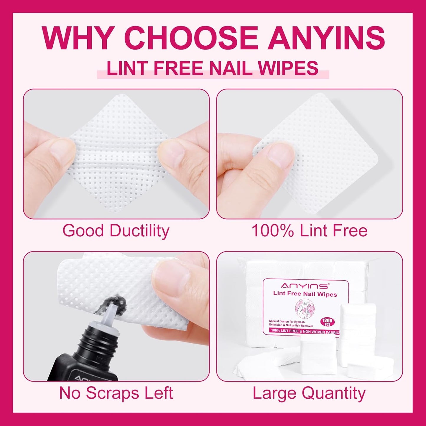 Lint Free Nail Wipes, 1200PCS White Lint Free Wipes Non-woven Fabric Gel Polish Remover Super Absorbent Soft Nail Polish Remover for Nail Salon, Home DIY