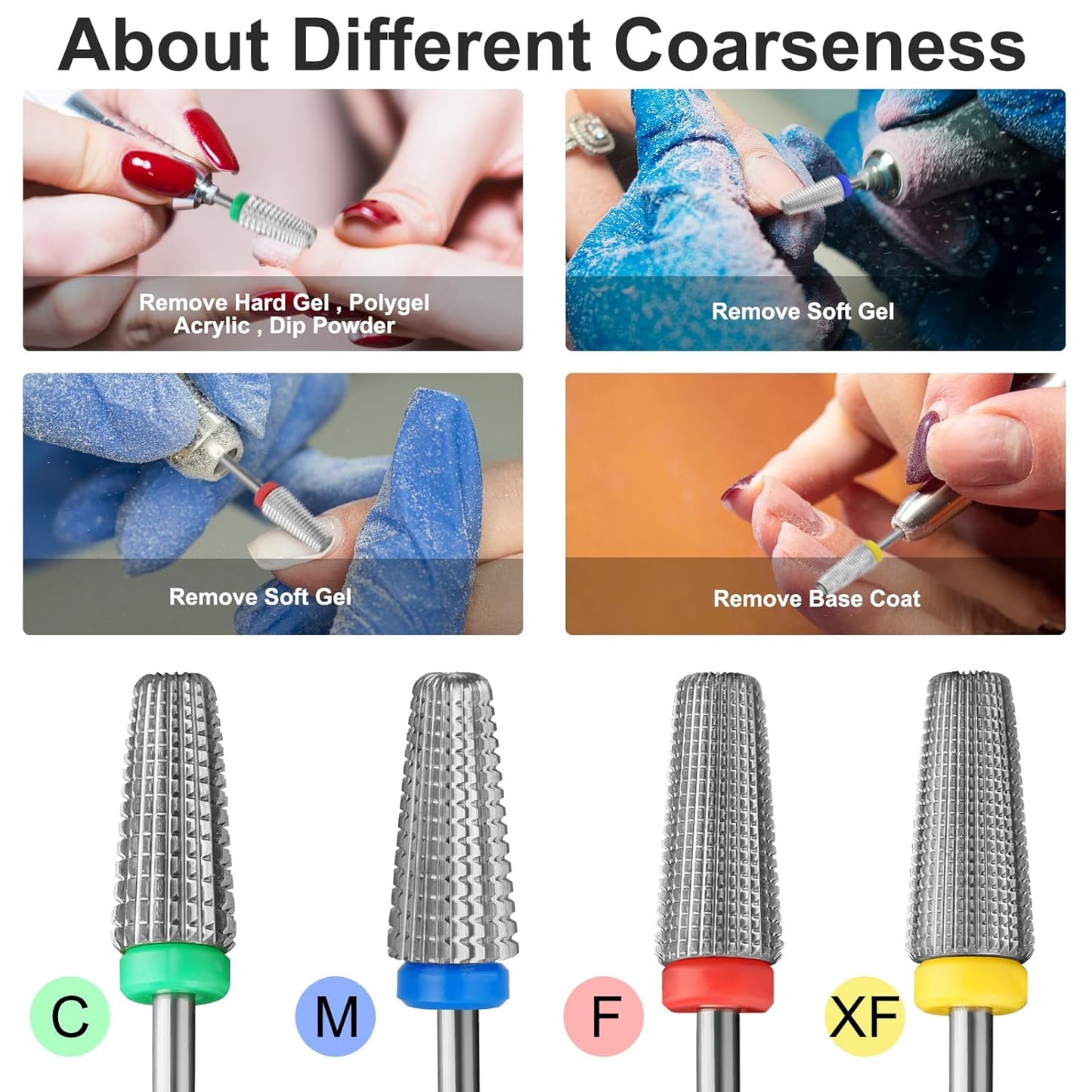 Nail Carbide 5 in 1 Bits 3/32" Professional Nail Drill Bit Two Way Rotate use for Manicure Pedicure Cuticle Gel Polishing Drill Machine (Fine - F, Silver)