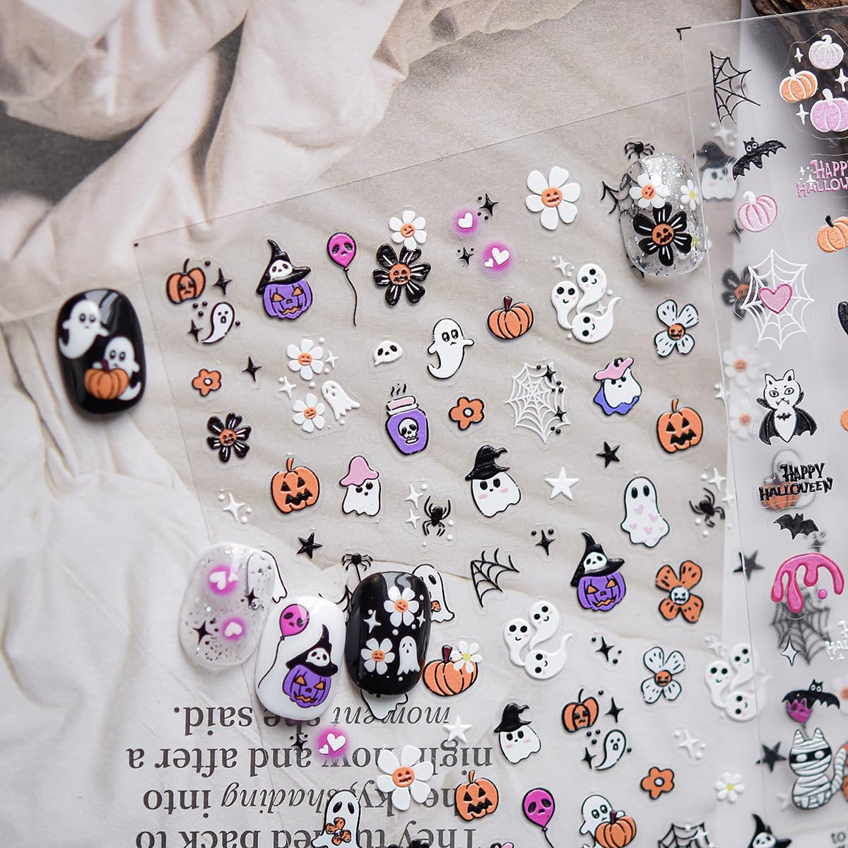 5D Embossed Cute Halloween Nail Art Stickers Self-Adhesive Ghost Nail Stickers with Spider Web Pumpkin Flower Designs Sticker Goth Nail Decals Holiday Nail Decorations for Women Acrylic Manicure Tips