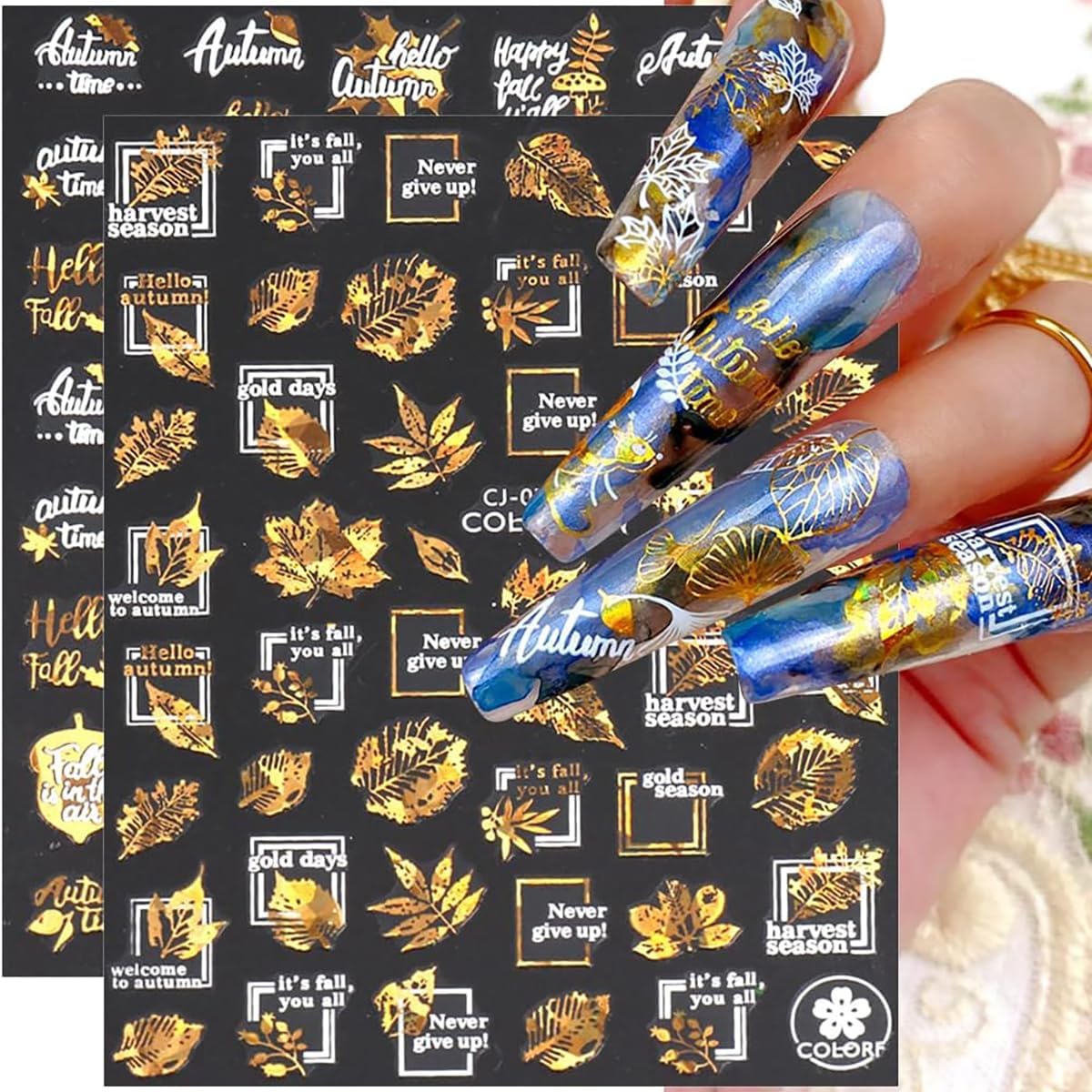 8 Sheets Bronzing Fall Nail Art Stickers Decals 3D Self-Adhesive Laser Gold White Leaves Flowers Nail Decals Autumn Maple Leaf Nails Design Stickers Thanksgiving Nail Art Supplies for Women