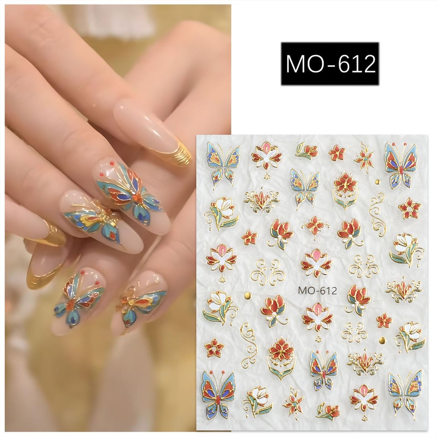 3 Sheet Flower Nail Art Stickers Decals 5D Embossed Self- Adhesive Blue Red Flowers Nail Stickers Gold Floral Nail Decals Supplies for Women DIY Manicure Accessories