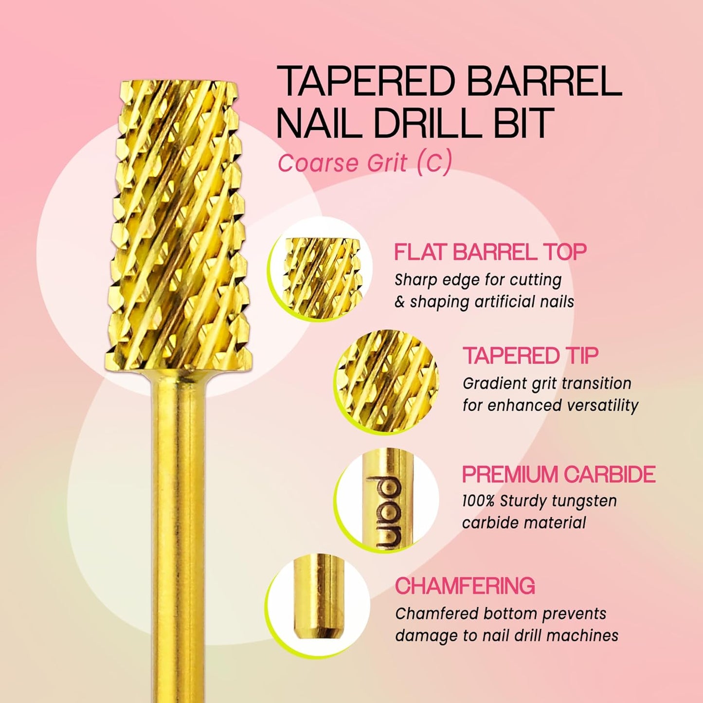 Premium Pana 3/32" Tapered Barrel Carbide Nail Bit -For Electric Dremel Drill Machine, Nail Art Design, Manicure, Pedicure, Nail File, Cuticle Clean etc. (Coarse Grit- Gold)