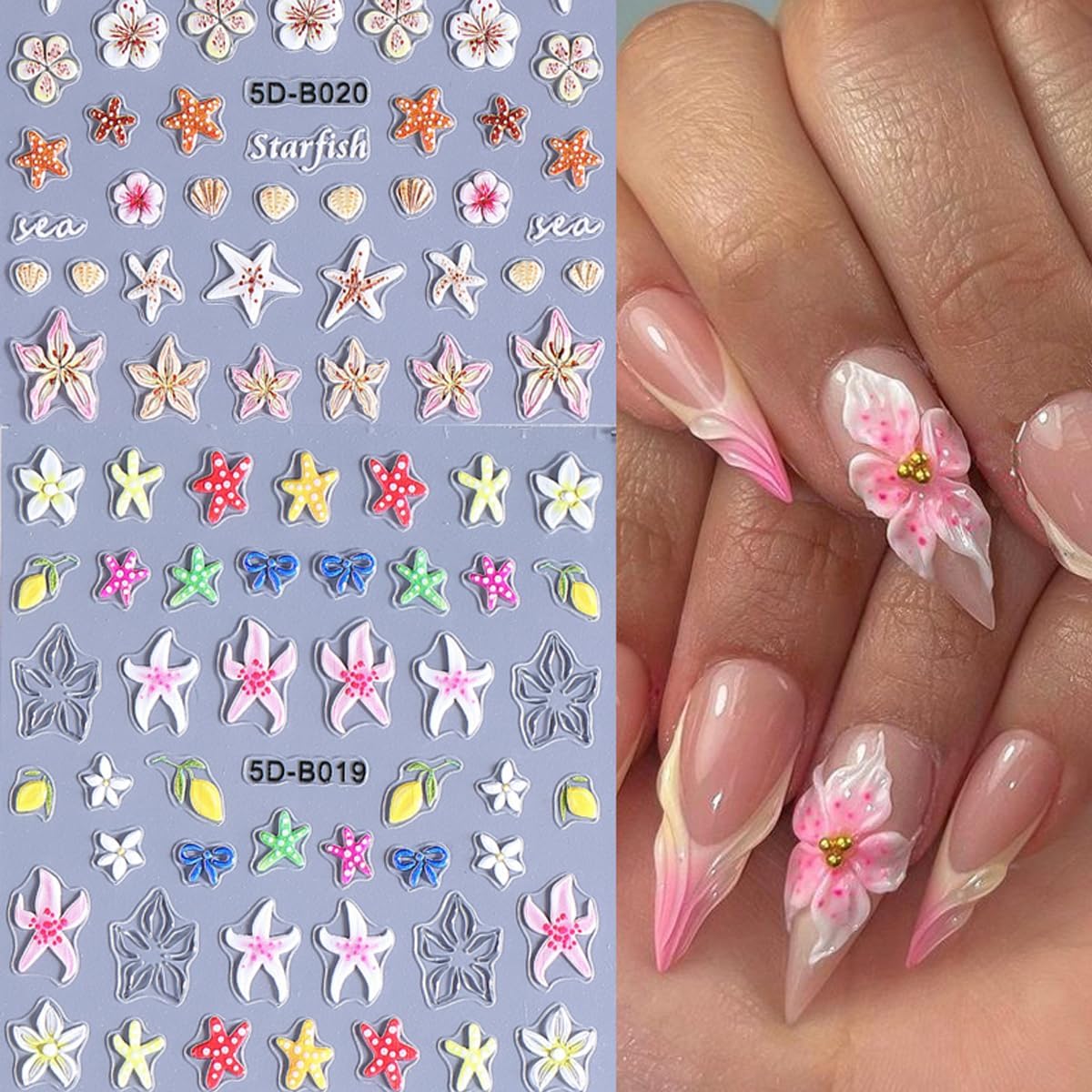 2 Sheets Colorful Starfish Nail Stickers, Flower Nail Decals, 5D Embossed Self-Adhesive Nail Art Stickers for Women DIY Summer Flowers, Shells, Bows, Starfish Manicure Decoration Supplies