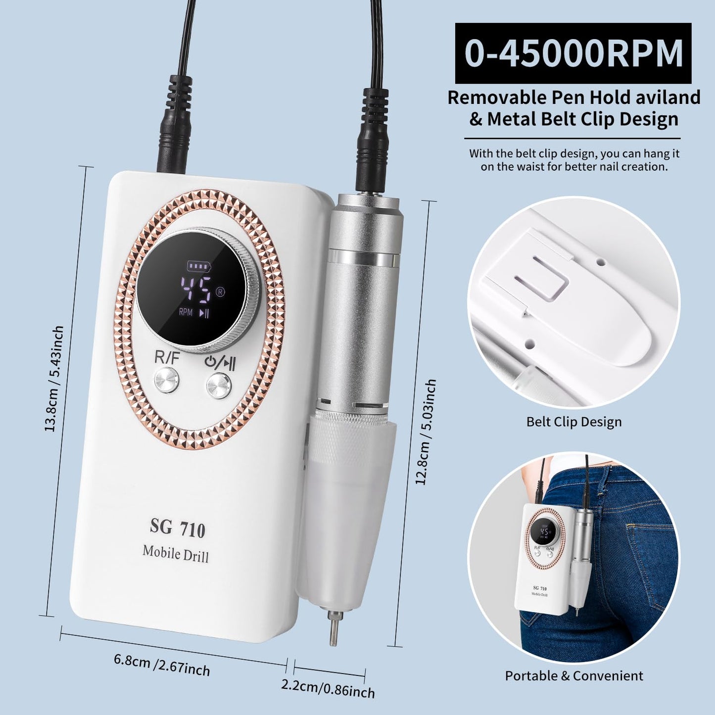 Electric Nail File for Acrylic Nail Kit, 45000RPM Electric Nail Drill Professional Manicure Pedicure Set with Nail Drill Kit Bits, Efile Cordless for Manicure