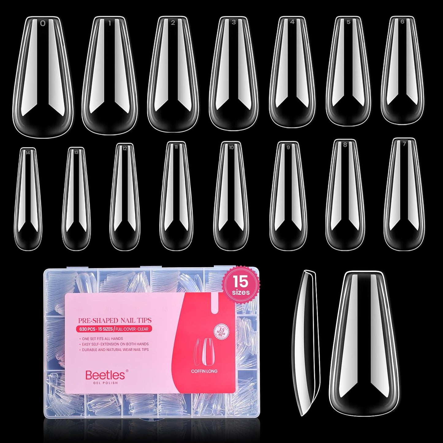Beetles Gel Nail Tips Upgraded 15 Sizes Long Coffin Gel Nail Tips 630Pcs Pre-Shaped Clear Full Cover False Nails Easy Nail Extension for Gel Nail Polish Gift for Women