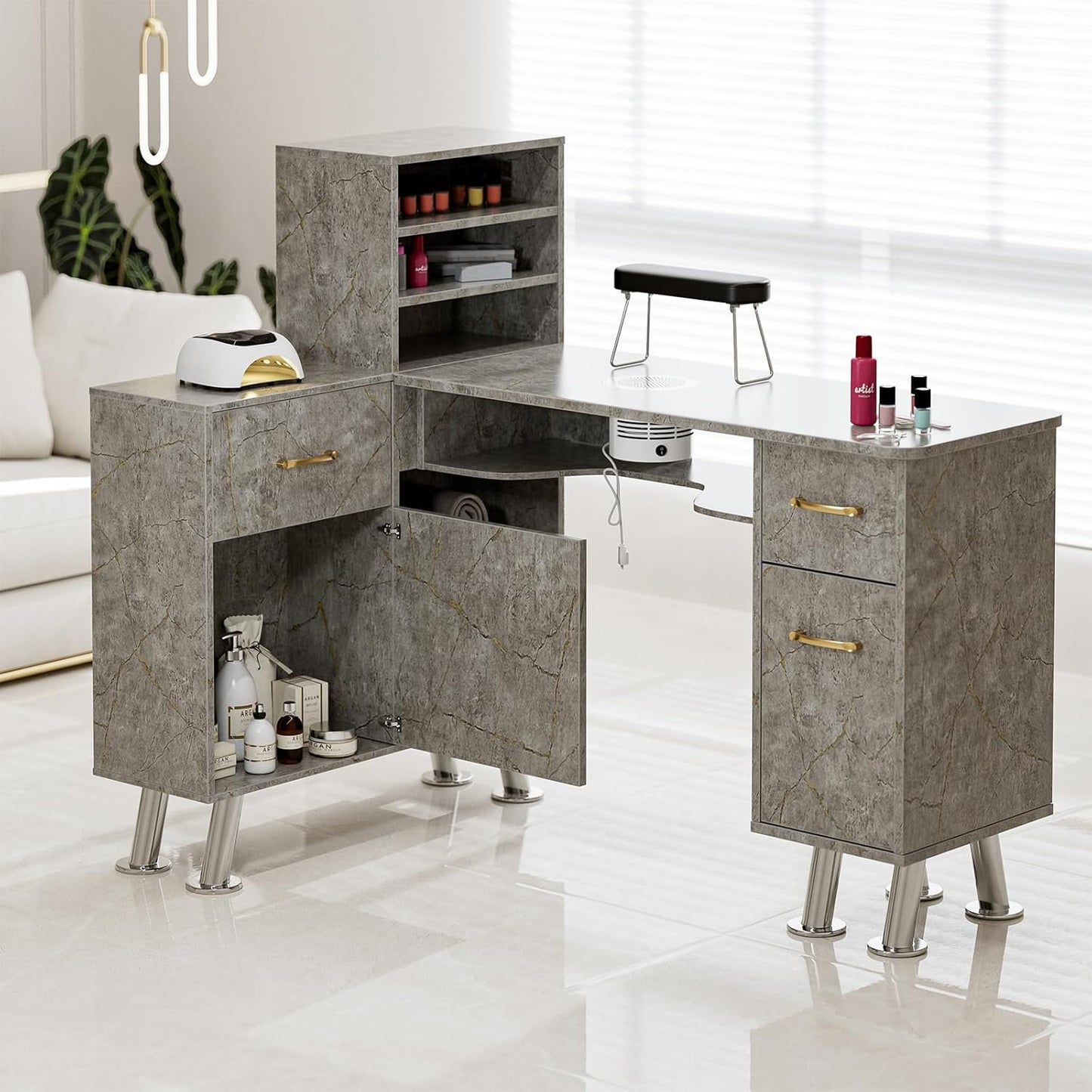 Manicure Table with Shelves, L-Shaped Nail Table Station Marbling Texture w/Electric Downdraft Vent, Foldable Nail Arm Rest, Storage Cabinets, Drawers, Metal Handles & Legs for Nail Tech(Grey)