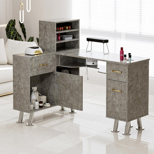 Manicure Table with Shelves, L-Shaped Nail Table Station Marbling Texture w/Electric Downdraft Vent, Foldable Nail Arm Rest, Storage Cabinets, Drawers, Metal Handles & Legs for Nail Tech(Grey)