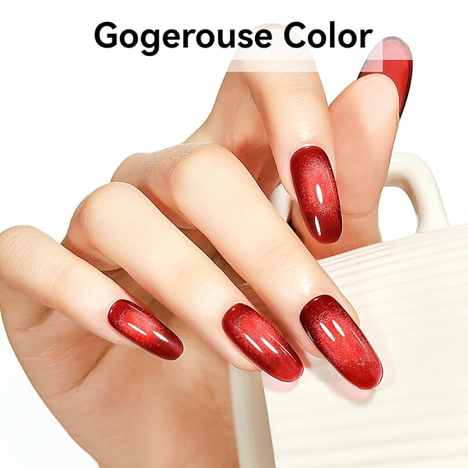 Cat Eye Magnetic Gel Nail Polish, Red Nail Polish Color Burgundy Red Moonlight UV Glitter Holographic With Magnet Manicure Salon DIY At Home