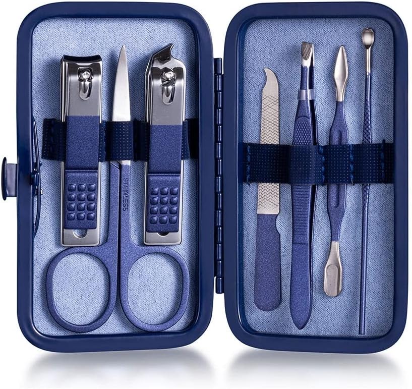Multifunction Nail Clipper Set Pedicure Cutter Nail File Scissors Kit with Travel Case Stainless Steel Blue Manicure Set Tools (Color : 7pcs-Blue)