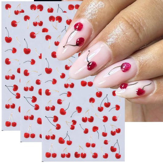 Cherry Nail Art Stickers Decals Summer Fruit Cherry 5D Embossed Nail Decals 3PCS Self-Adhesive Cherries Design Summer Stickers for Nails Art Decorations Supplies Manicure Sliders Accessories for Women