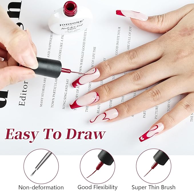 JODSONE 10ml Nail Art Gel Liner Dark Red Gel Nail polish at Home Salon Design with Thin Brush Need U V Lamp Cured