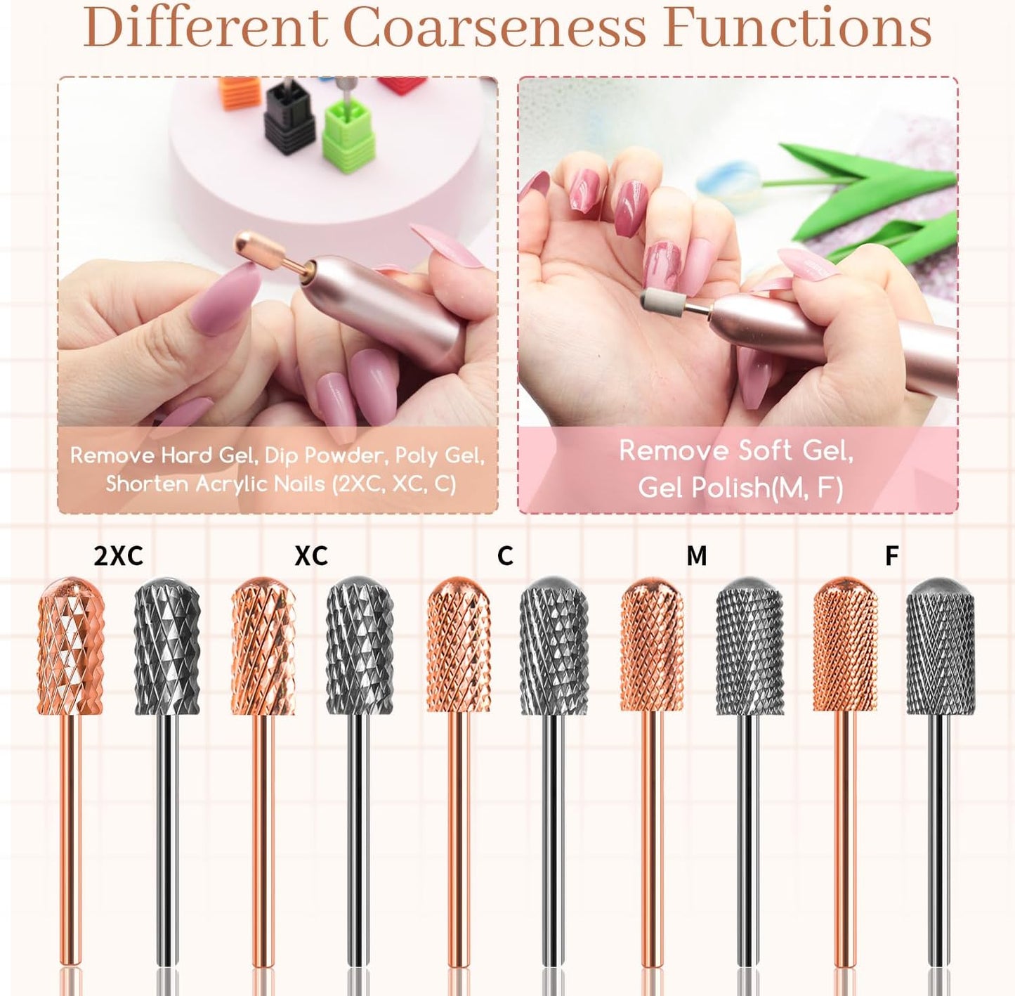 Nail Drill Bits Smooth Top 2PCS, Drill Bits for Nails Tungsten Carbide Bits for Acrylic, 3/32" Safety Nail Bits for Removing Acrylic/Hard Gel for Salon Experienced, Extra COARSE(XC)