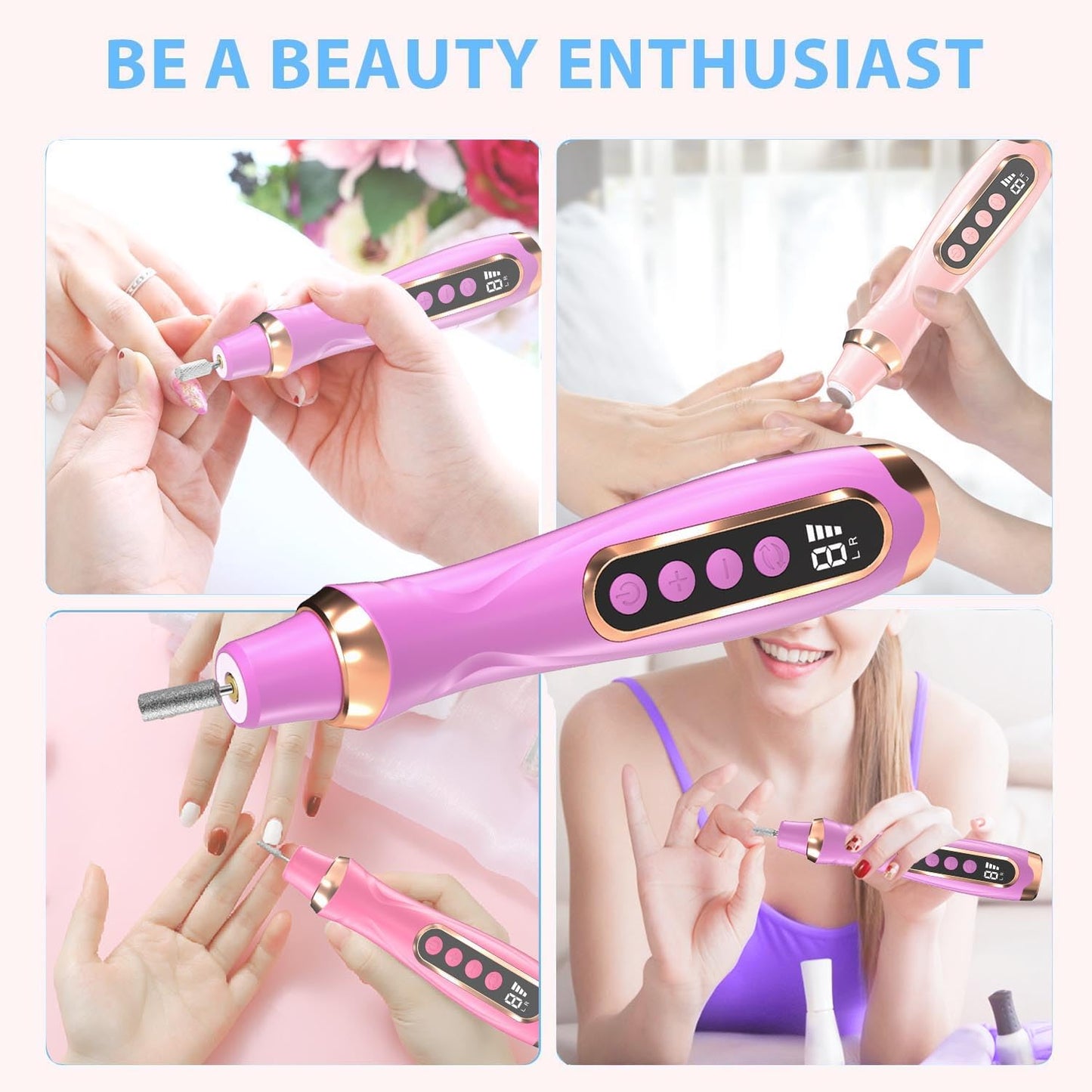 Professional Manicure Pedicure Kit Cordless Electric Nail File Set 6 Speed Cordless Nail Drill for Thick Nail Toenail Cuticle Hand Foot Care Nail Drill Tool(Rose)