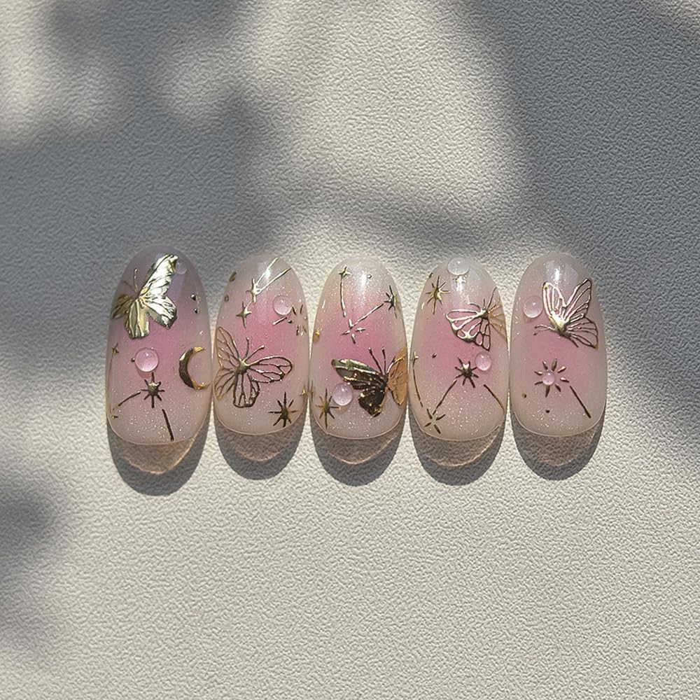 1 Sheets Golden Hot Stamping Butterflies Nail Art Stickers, 5D Self-Adhesive with Stars and Moon Nail Decals for Women, Gold Butterfly Design Spring Nail Stickers for DIY Nail Supplies Decoration