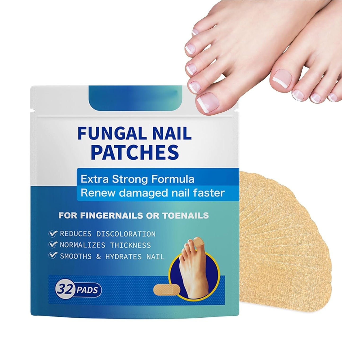 Fungal Nail Patches - 32 PCS, Toenail Fungus Treatment Extra Strength for Thick, Brittle and Discolored Toenail, Nighttime Care with Natural Ingredients, Nude-Colored Patches (Blue)