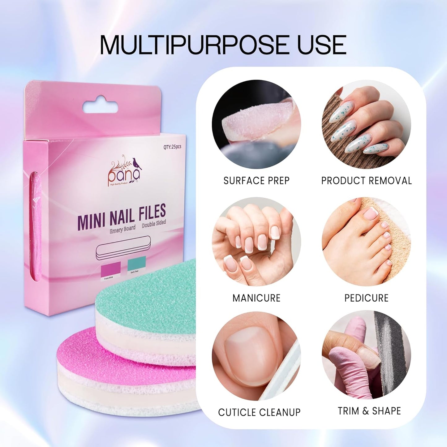 25PCS Mini Size PANA Professional Double Sided Nail Files - Pink&Teal, 100/100 Grit - Emery Board Nail Buffering File Manicure Pedicure Nail Polisher Washable