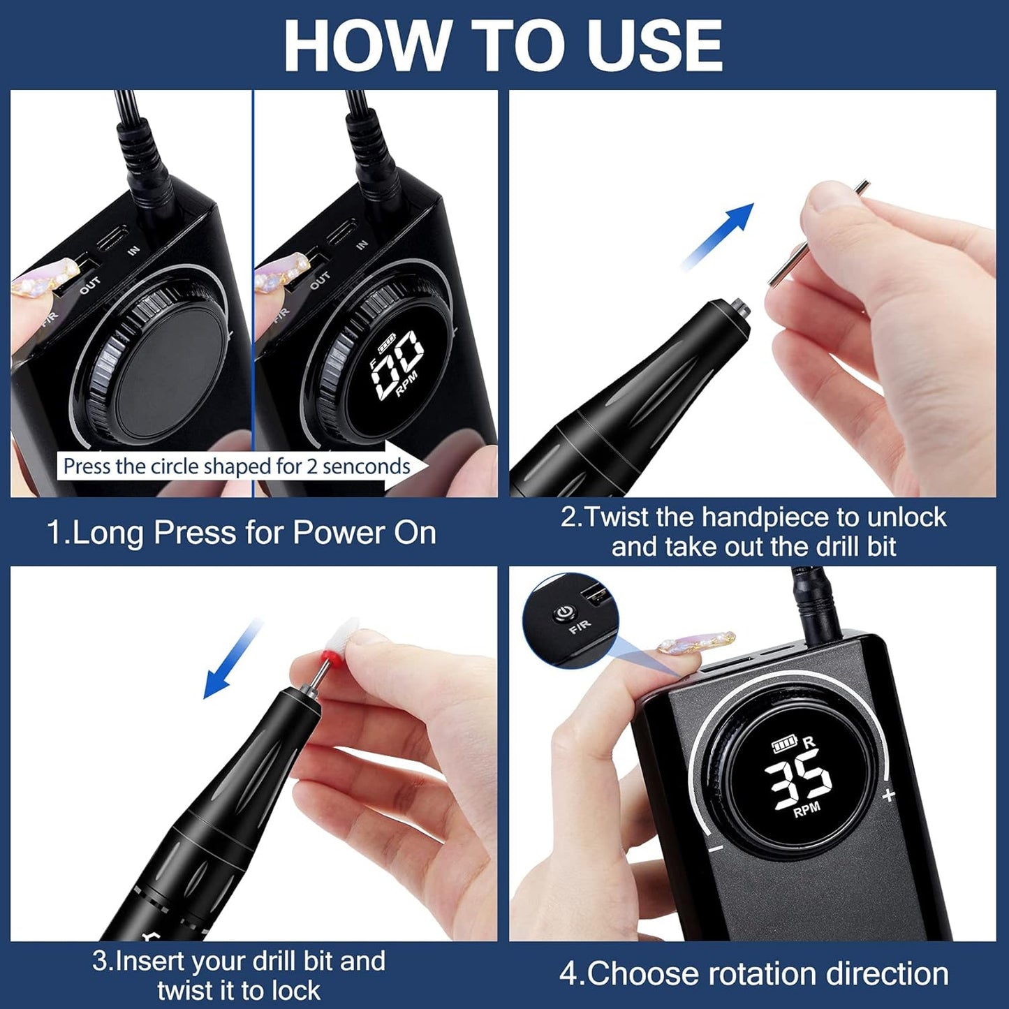 YOKE FELLOW Professional Nail Drill - 35000RPM Nail Drills for Acrylic Nails Professional Nail Drills Machine for Acrylic Removal Polishing Tools Kit for Salon Home Use