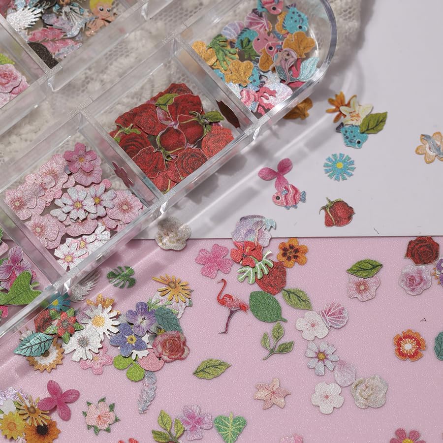300Pcs 3D Flower Nail Art Charms Sequins Mixed Colorful Nail Flowers for Nail Art Leaves Butterfly Nail Design Slice Nail Flowers Ultra Wood Pulp Flakes Sequins 5
