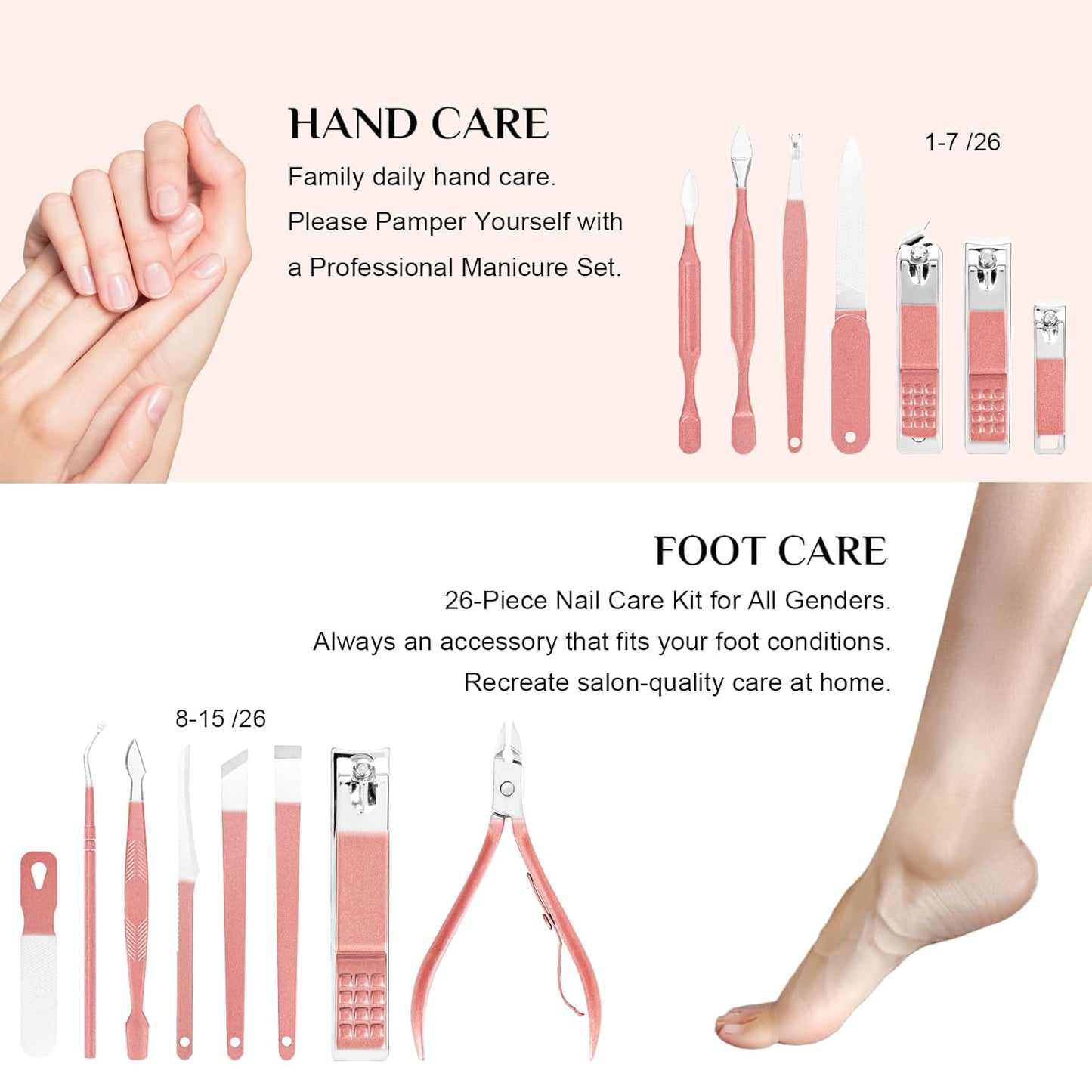 Nail Clippers Set, 26 Piece Manicure Set & Pedicure Kit, Stainless Steel Fingernail & Toenail Clipper Cutters, Professional Nail Care Tools with Luxurious Travel Case for Men and Women, Pink