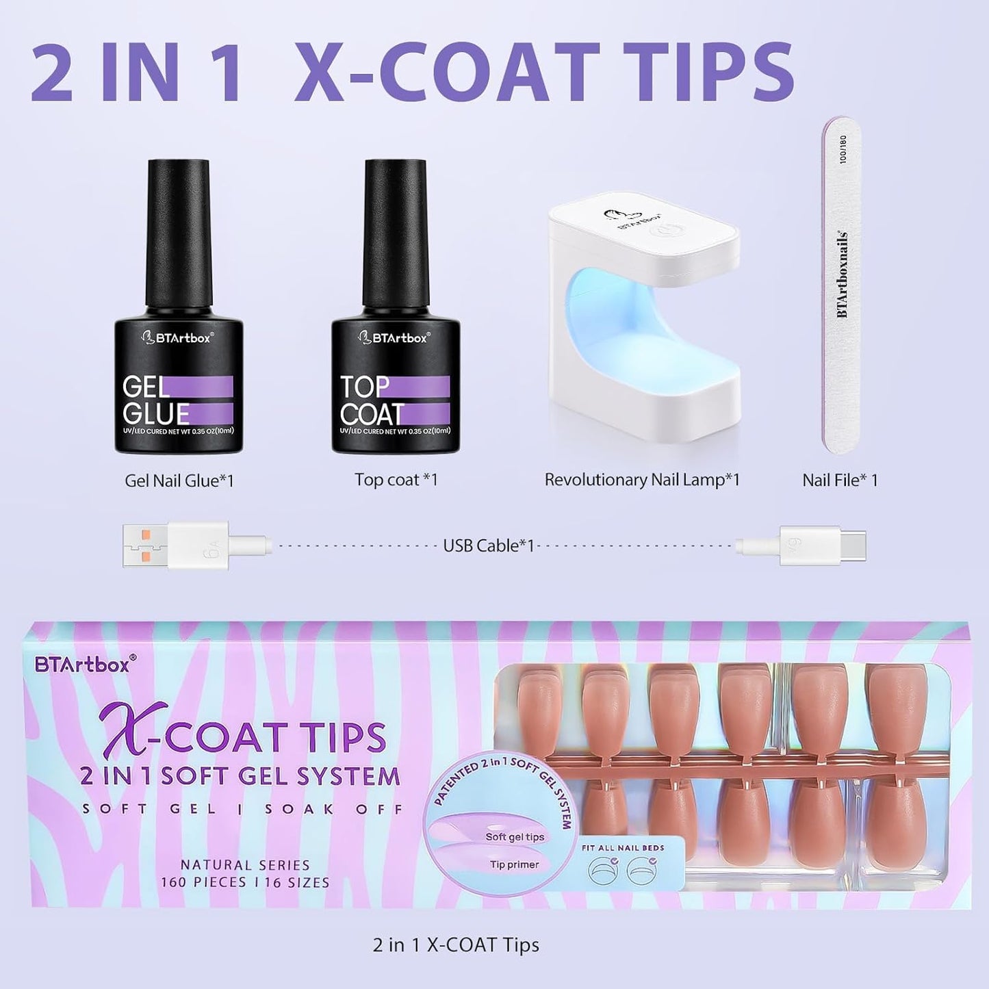 BTArtbox XCOATTIPS Gel Nail Kit - Short Coffin Press on Nails with Gel Glue, Top Coat, Nail Lamp, Pre-colored Short Nail Tips Brown Fake Nails for Daily Nail Art