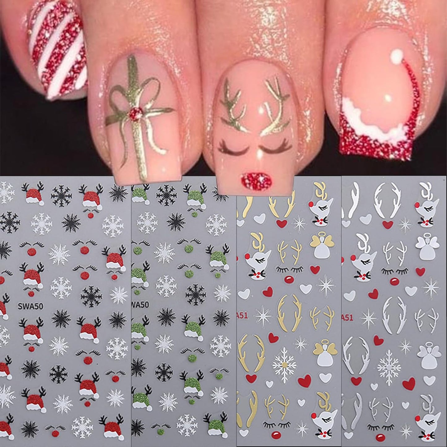 8 Sheets Christmas Nail Art Stickers 3D Self-Adhesive Hot Stamping Elk Snowflake Nail Stickers Glitter Christmas Hat Nail Decals Acrylic Nail Supplies for Women Girls DIY Manicure Decoration