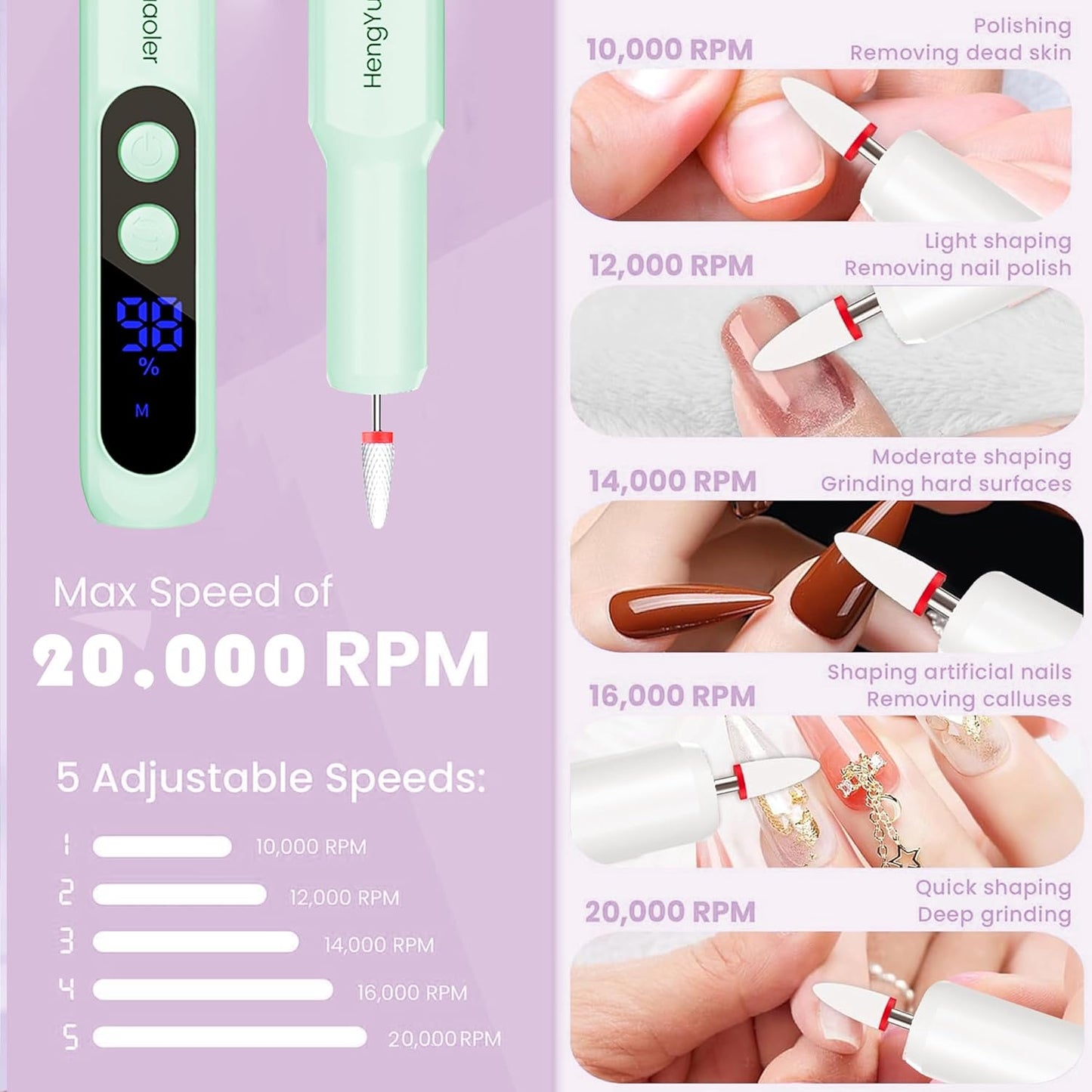 Cordless Electric Nail Drill Professional 3 Speeds Nail Drill Kit for Acrylic Gel Dip, USB Portable Rechargeable 20000 RPM Efile Manicure Pedicure Polishing Shape Tools(Green