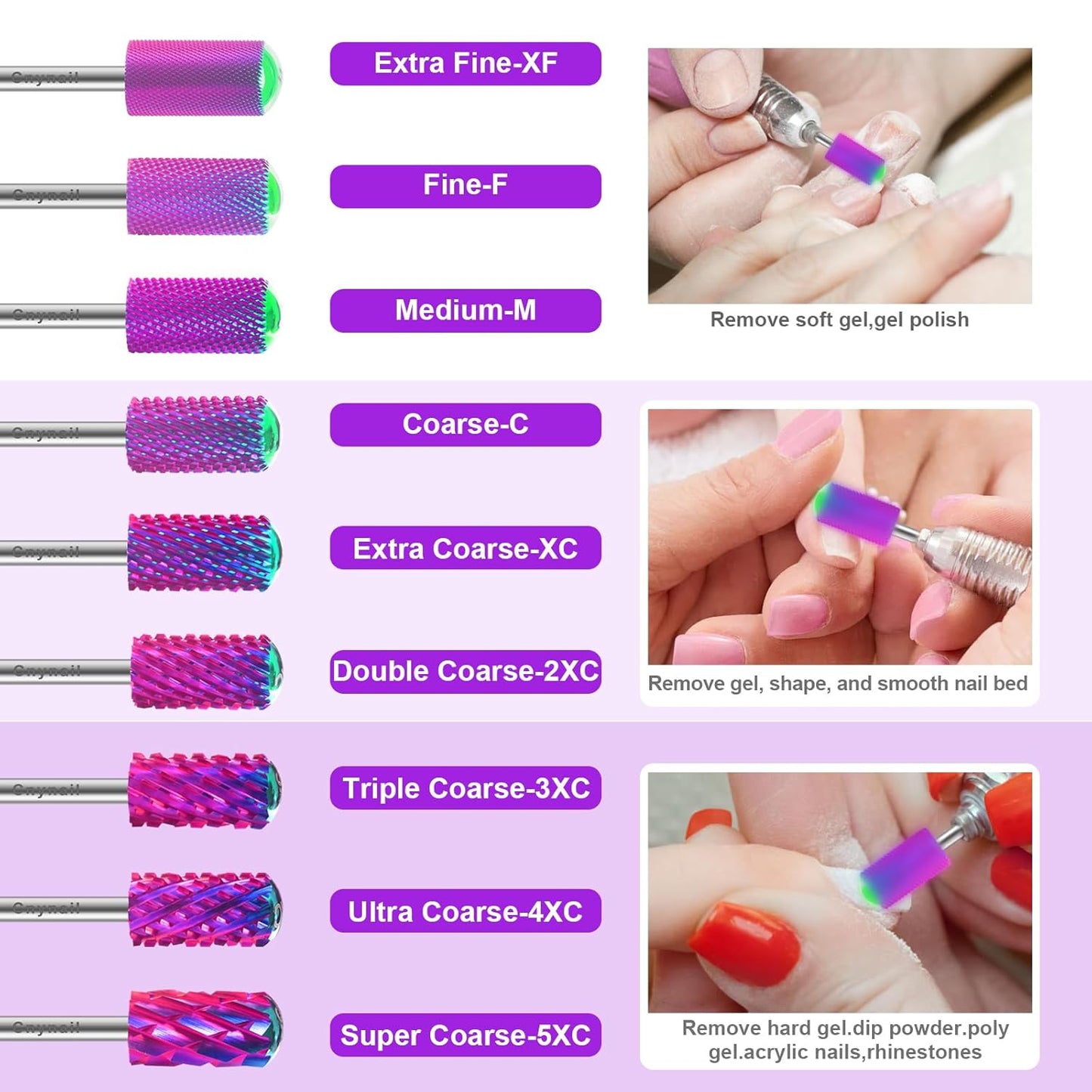 3/32" 2PCS Large Barrel Smooth Round Top Tungsten Carbide Nail Drill Bit Safety Bit for Gel & Acrylic Removal, 2-Way Rotating Efile Tip, Salon Electric File Accessory (F Grit, Purple)