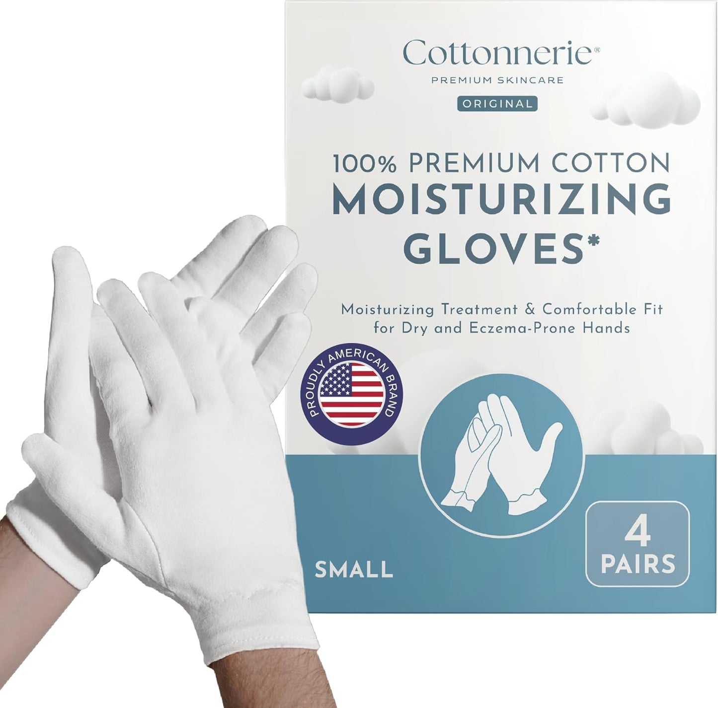 4 Pairs Cottonnerie Original Cotton Gloves for Dry Hands Sleeping, Moisturizing Gloves Overnight, Hand Moisturizer Gloves, Moisture Gloves for Dry Hands Overnight, Sleeping Gloves, Small