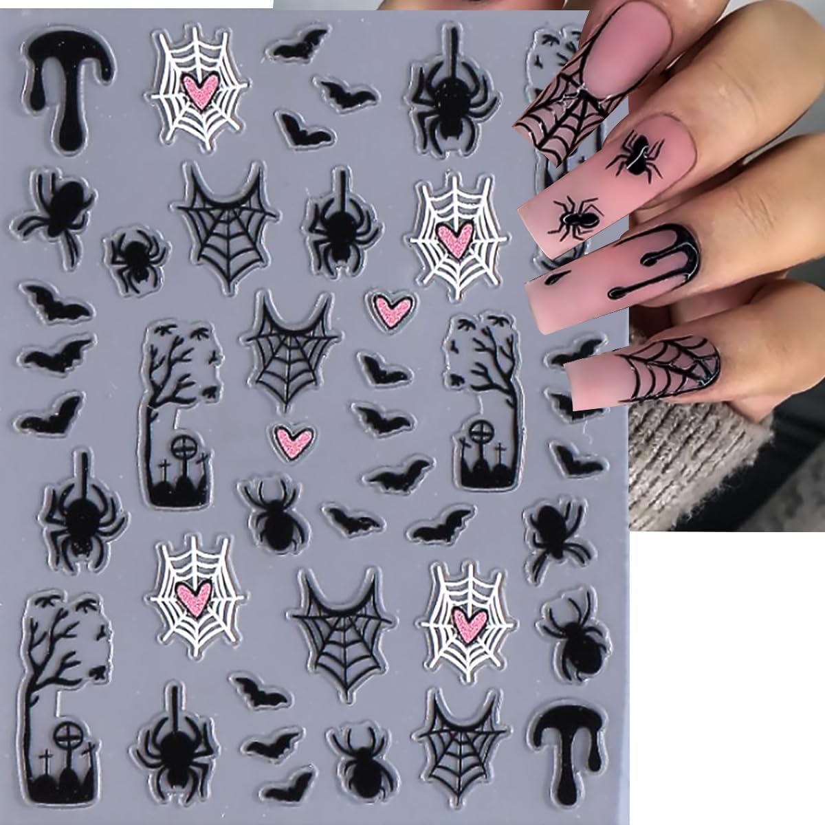 6 Sheets Halloween Nail Art Stickers 3D Self Adhesive Cute Ghost Spider Wed Nail Decals Gothic Bat Blood Nail Stickers Glitter Silver French Nail Design Decals Holiday Nail Art Supplies for Women