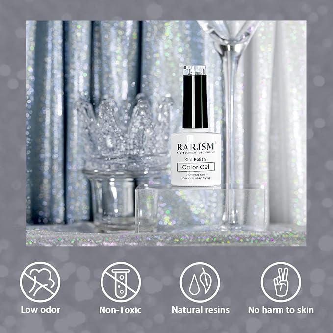 RARJSM Reflective Glitter Gel Polish Bright Silver Pigments 7.5ml Holographic Rainbow Iridescent Shimmer L E D U V Soak Off Sparkle Diamond Gel Polish Nail Art Manicure Salon DIY at Home 1pcs
