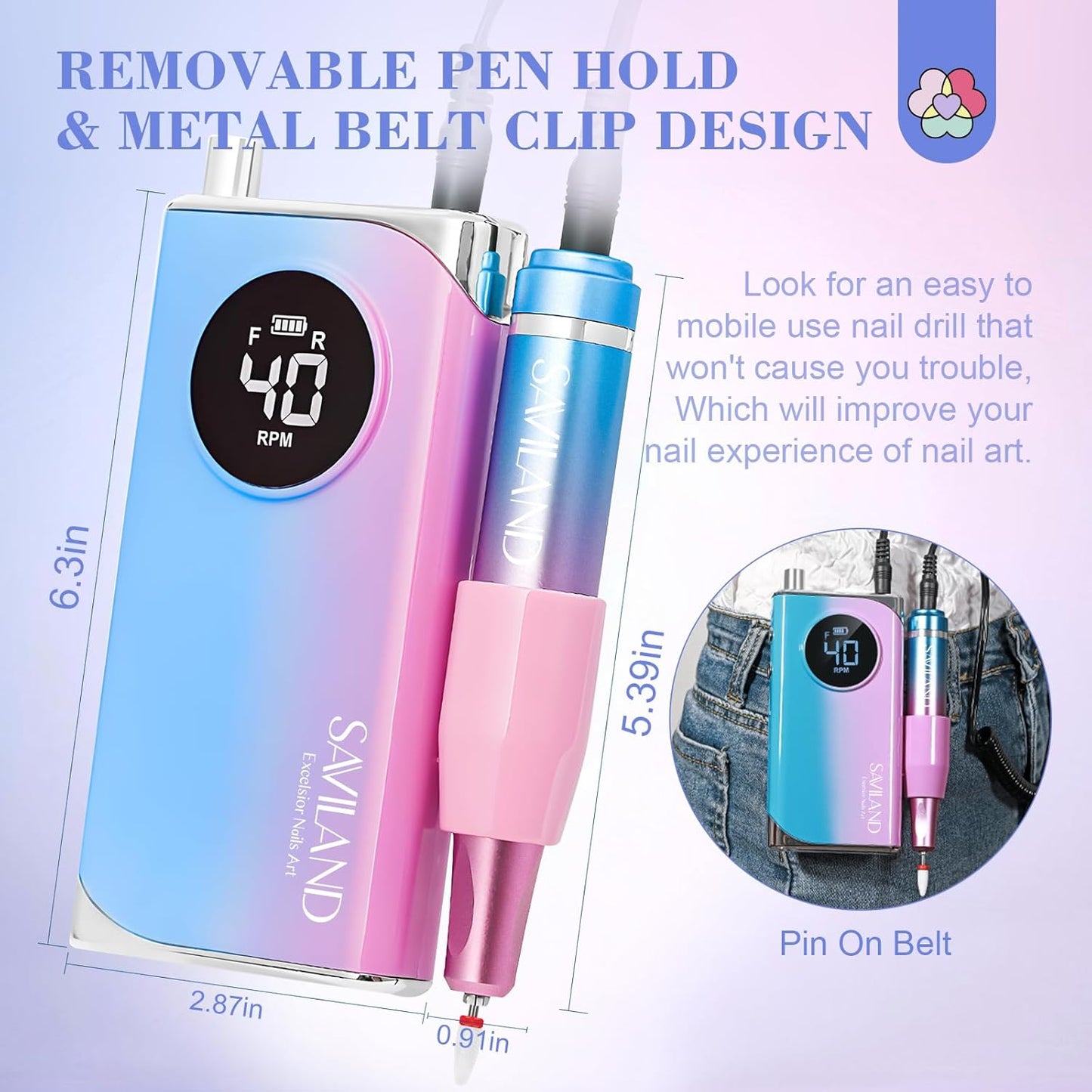 SAVILAND Electric Nail Drill 40000RPM Nail Drill Professional Machine with Nail Kit Portable Electric Nail File Electric for Nail Supplies Rechargeable Manicure Pedicure Salon Home