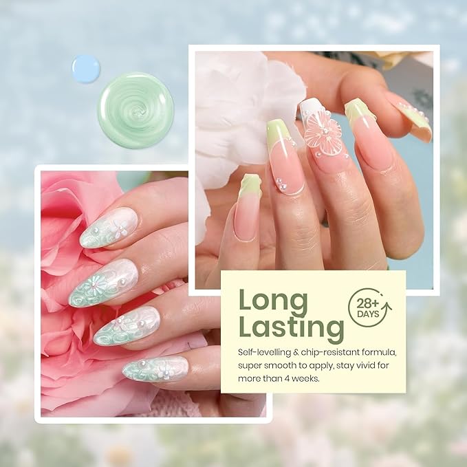 Beetles Pastel Gel Nail Polish - Spring Scenery By the Lake Soak Off UV LED Gel Polish, 6 Colors Pink Green Yellow Drawing Swirl Shell Thread Effect Nails DIY Manicure Gifts for Women