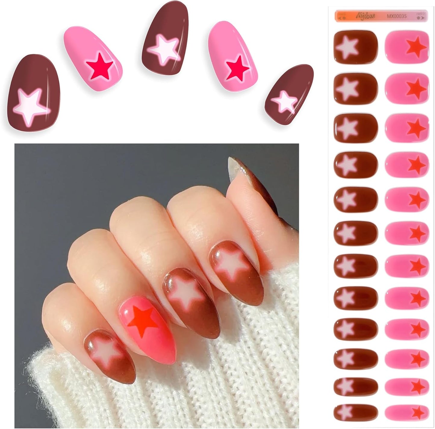 Semi Cured Gel Nail Strips - Trendy Nail Polish Wraps Works with Any UV Lamp - Long Lasting Easy Salon Manicure - 24pcs with 2 Prep Pads, Nail File & Cuticle Stick (Starz Only)