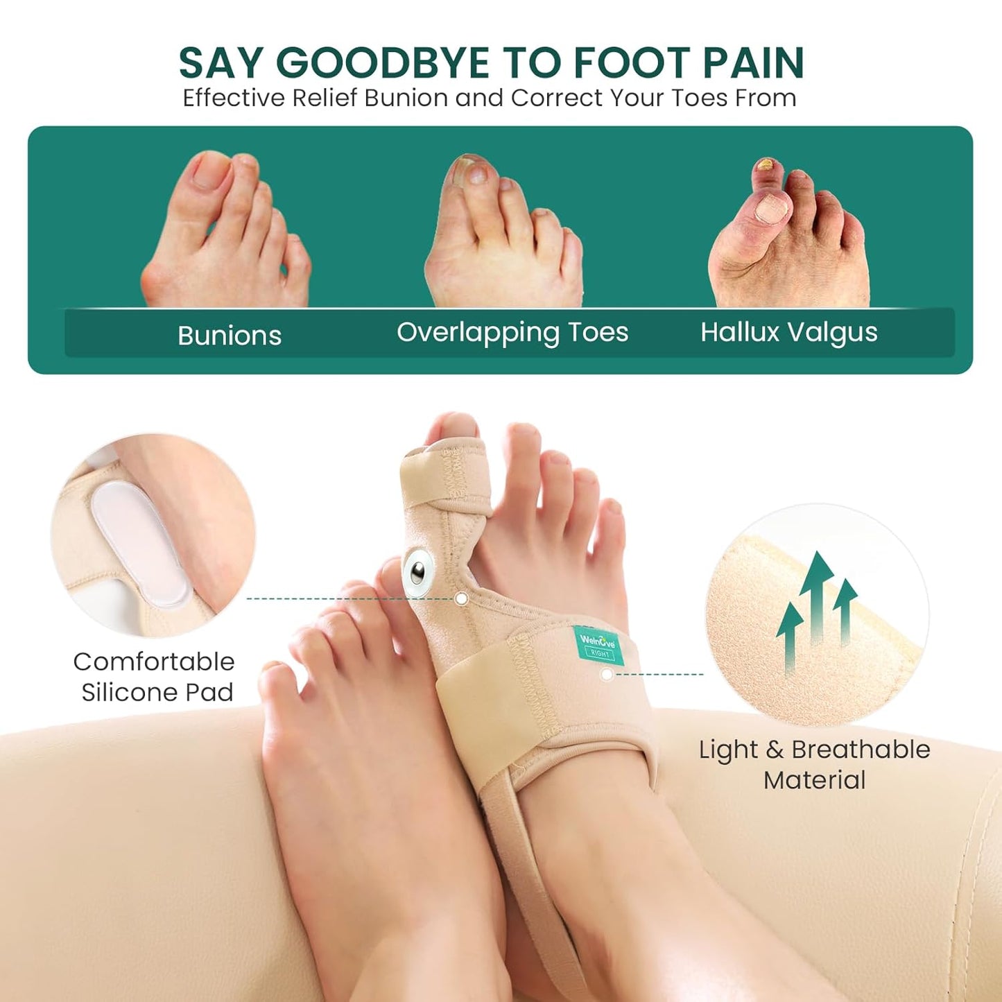 Welnove Bunion Corrector - Orthopedic Bunion Splint - Big Toe Separator Pain Relief - Bunion Correction Toe Straightener with Non-slip Strap, Day Night Support (Beige, 2 Count) - With 2 Gel Separators