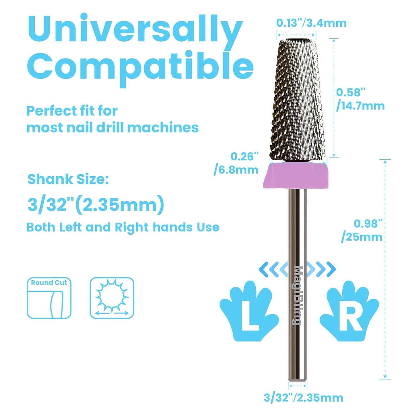 Cross Cut 5 in 1 Tapered Barrel Nail Drill Bits, Professional 3/32'' Safety Tungsten Carbide Bits, Two-way Rotation, Manicure Pedicure Cuticle Gel Removal Polishing, Double Fine.