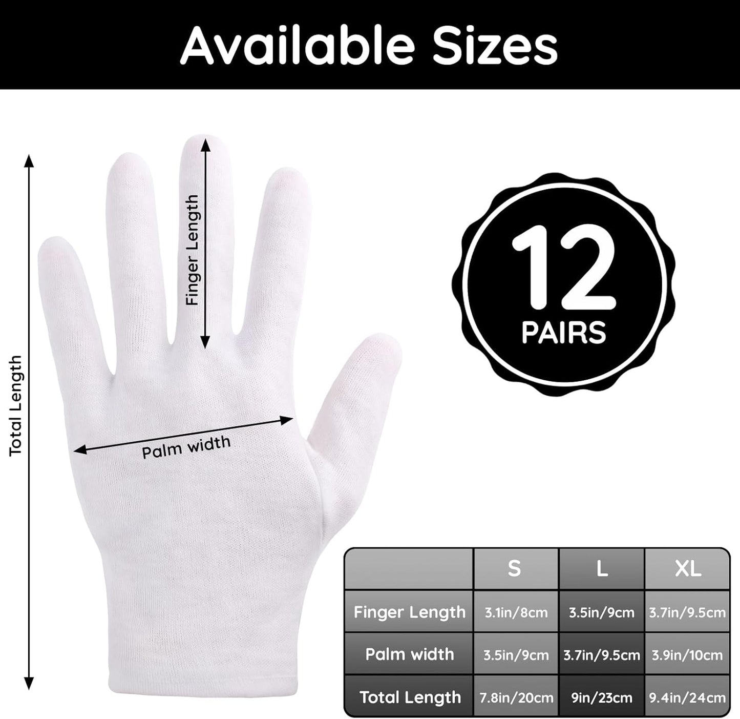 Segbeauty 24 Counts White Cotton Gloves, Large Thick Hand Gloves Moisturizing Overnight Sleeping for Dry Hands, 12 Pairs Washable Cotton Work Gloves, White Lotion Gloves Overnight for Men and Women