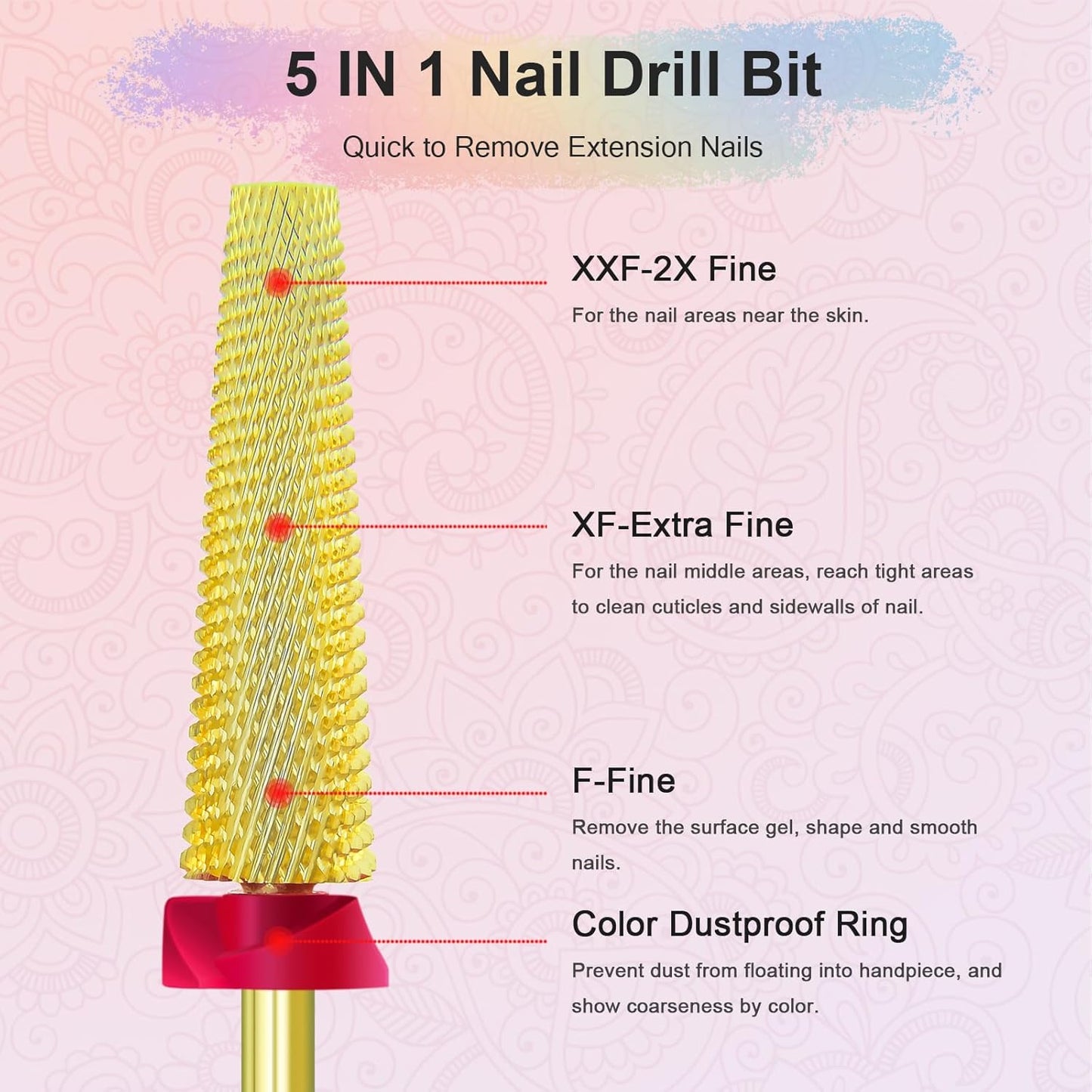 Depvko Super Long 5 in 1 Nail Drill Bits, 3/32'' Carbide Tungsten Bits, Two Way Rotate Professional Advanced Safety Bits for Nail, Fast Remove for Manicure Pedicure (Long 5in1-Gold, Fine-F)