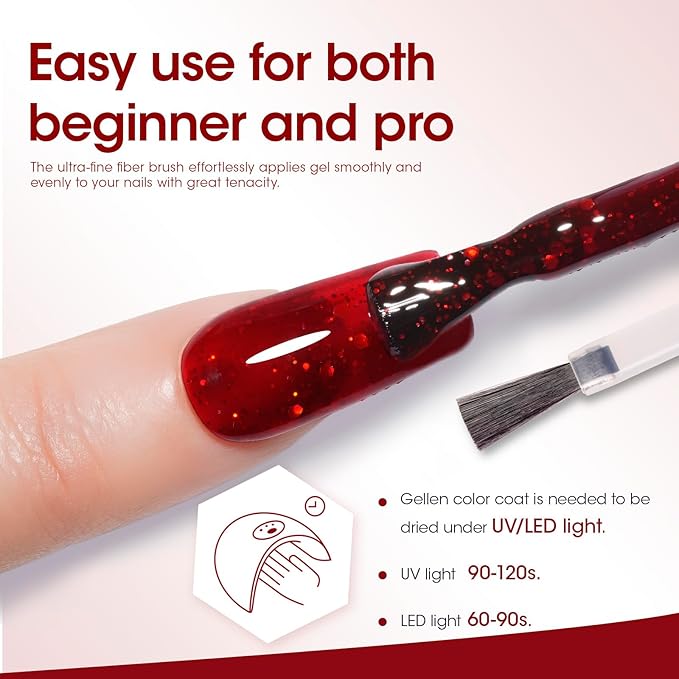 Gellen Red Glitter Gel Polish, 18ml Cherry Red Gel Nail Polish for Salon DIY, Soak off U V LED Cured Art Nail Polish, Color No.376