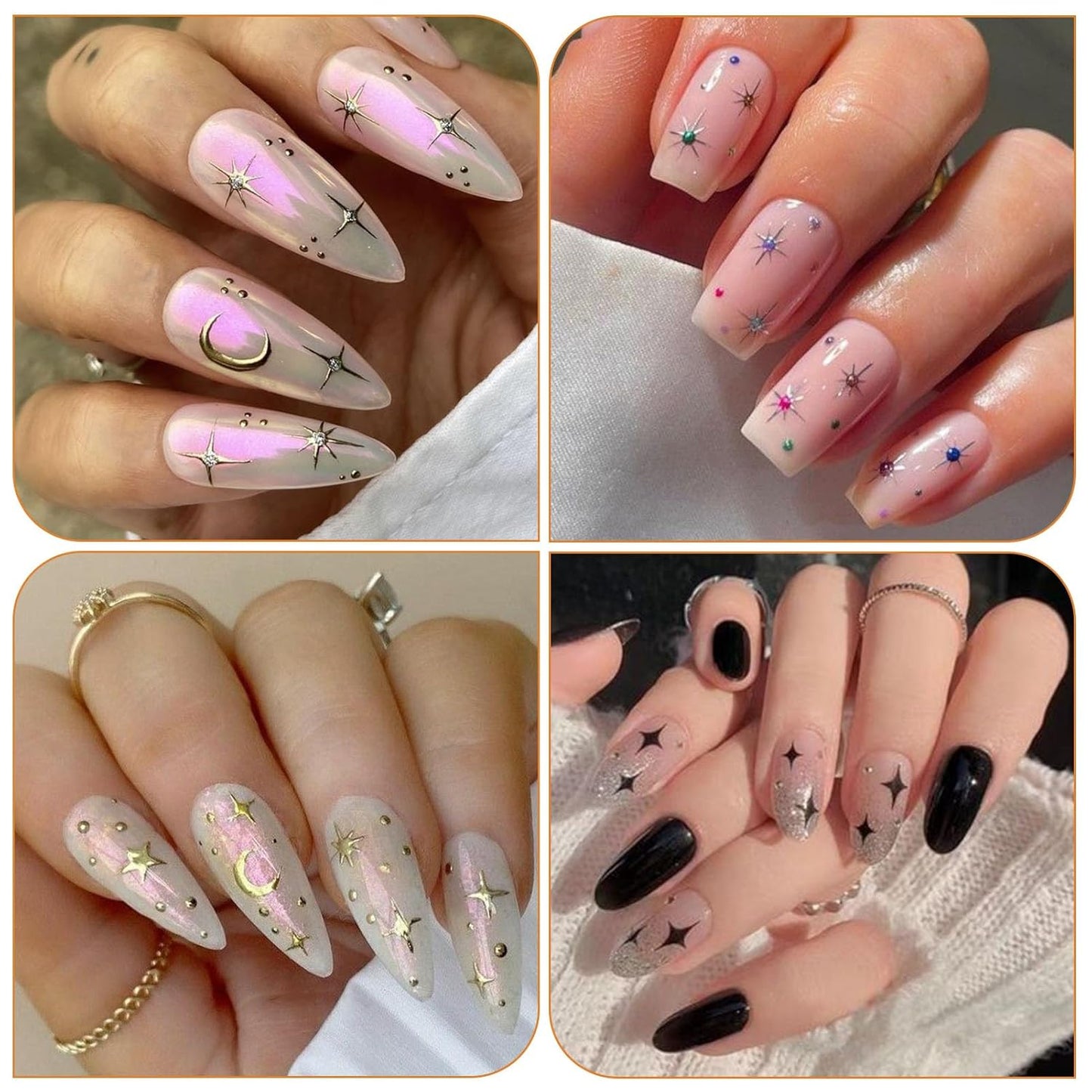 Star Nail Art Stickers - Colorful Shiny Starlight Self-Adhesive Glitter Sparkle Nail Decals for DIY Silver Gold White Black Manicure (6 Sheets)