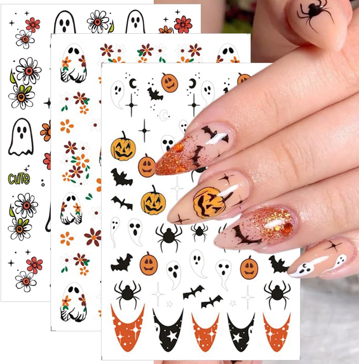 6 Sheets Halloween Nail Stickers Cute Ghost Pumpkin Nail Decals 3D Self-Adhesive Star Spider Bat Flowers Nails Stickers Fall Halloween Nails Art Supplies for Women Holiday DIY Manicure Decorations