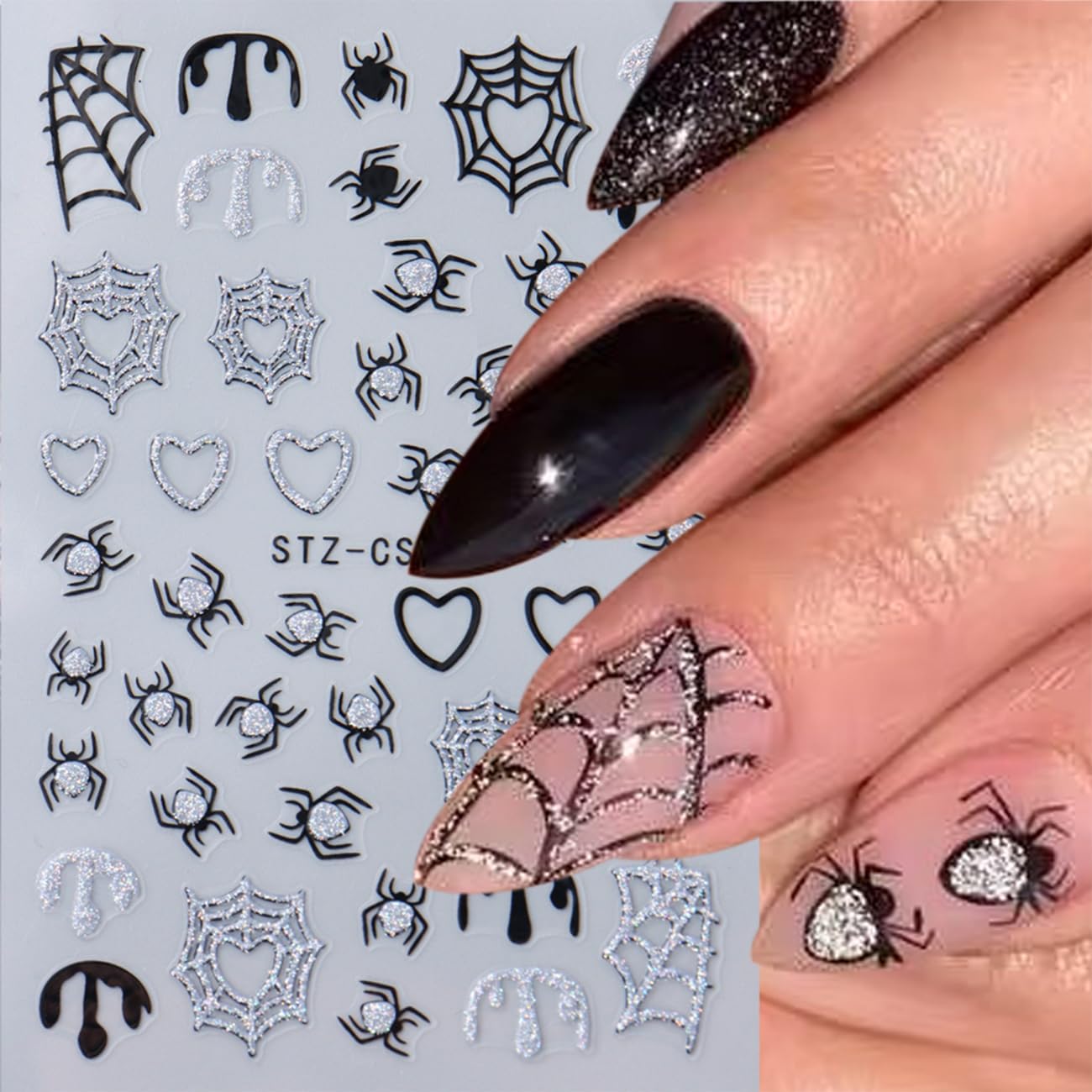 8 Sheets Spider Web Nail Sticker, Halloween for Nail Art Set - Halloween Nail Stickers Glitter Nail Spider Web Design Holographic 3D Self-Adhesive Slider Decals Manicure Art Decorations