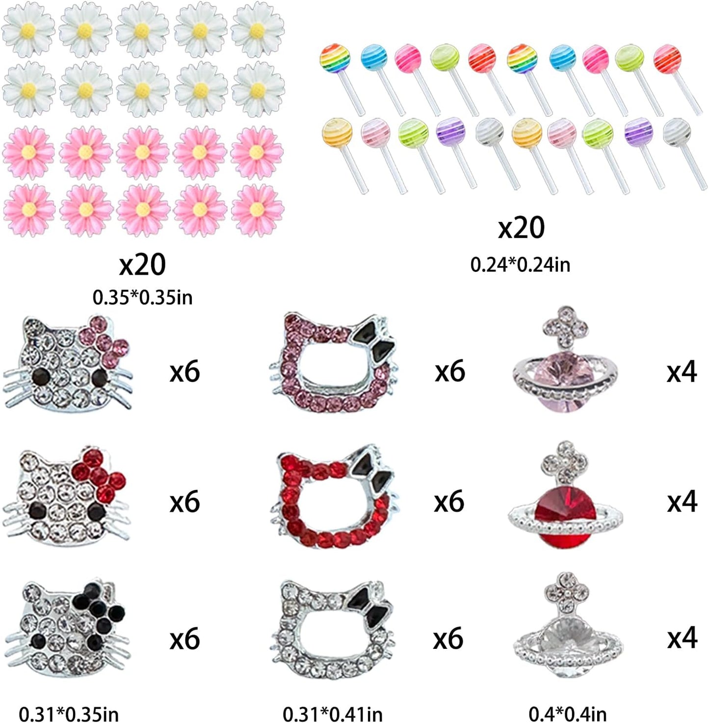 124PCS Nail Charms for Acrylic Nails - Silver Jewels Cat Bow Planet Gun Dollar Sign Star Cross Resin Flower Candy Accessories for Art Supplies Manicure Craft DIY