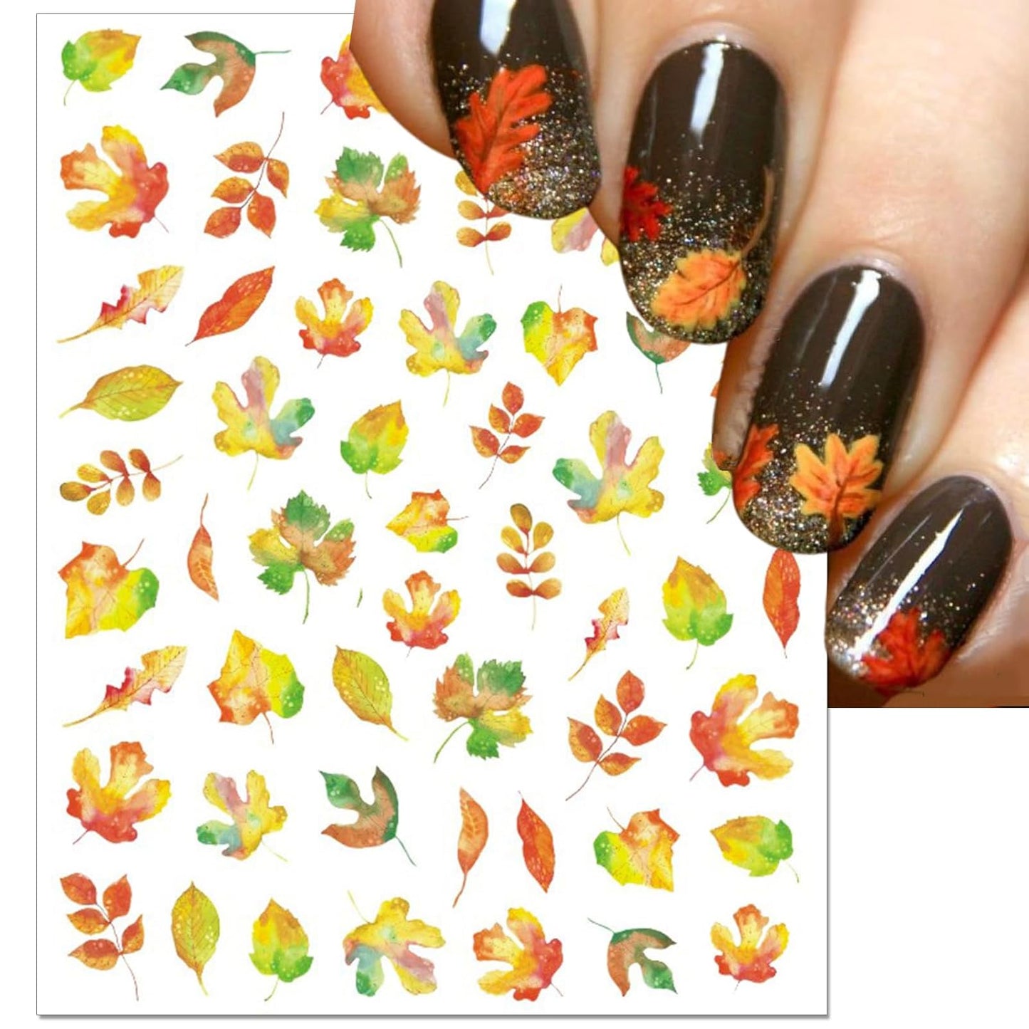 Fall Nail Art Stickers, Thanksgiving Day Laser Glitter Nail Decals, 3D Self-Adhesive Maple Ginkgo for DIY Nail Supplies Decoration(6 Sheets)
