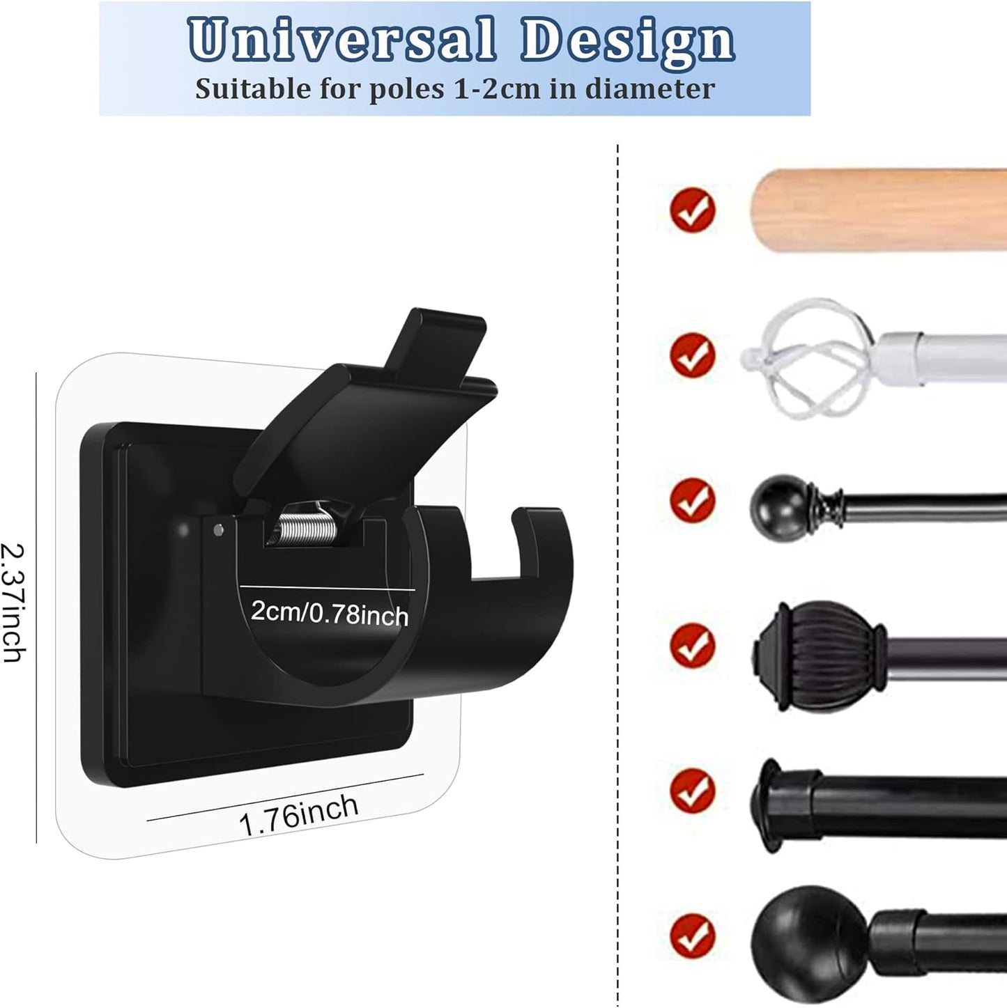8PCS No Drill Curtain Rod Brackets No Drilling Self Adhesive Curtain Rod Holder Hooks Nail Free Curtain Rod Hooks Curtain Hangers for Bathroom Kitchen Home Bathroom and Hotel (Black)