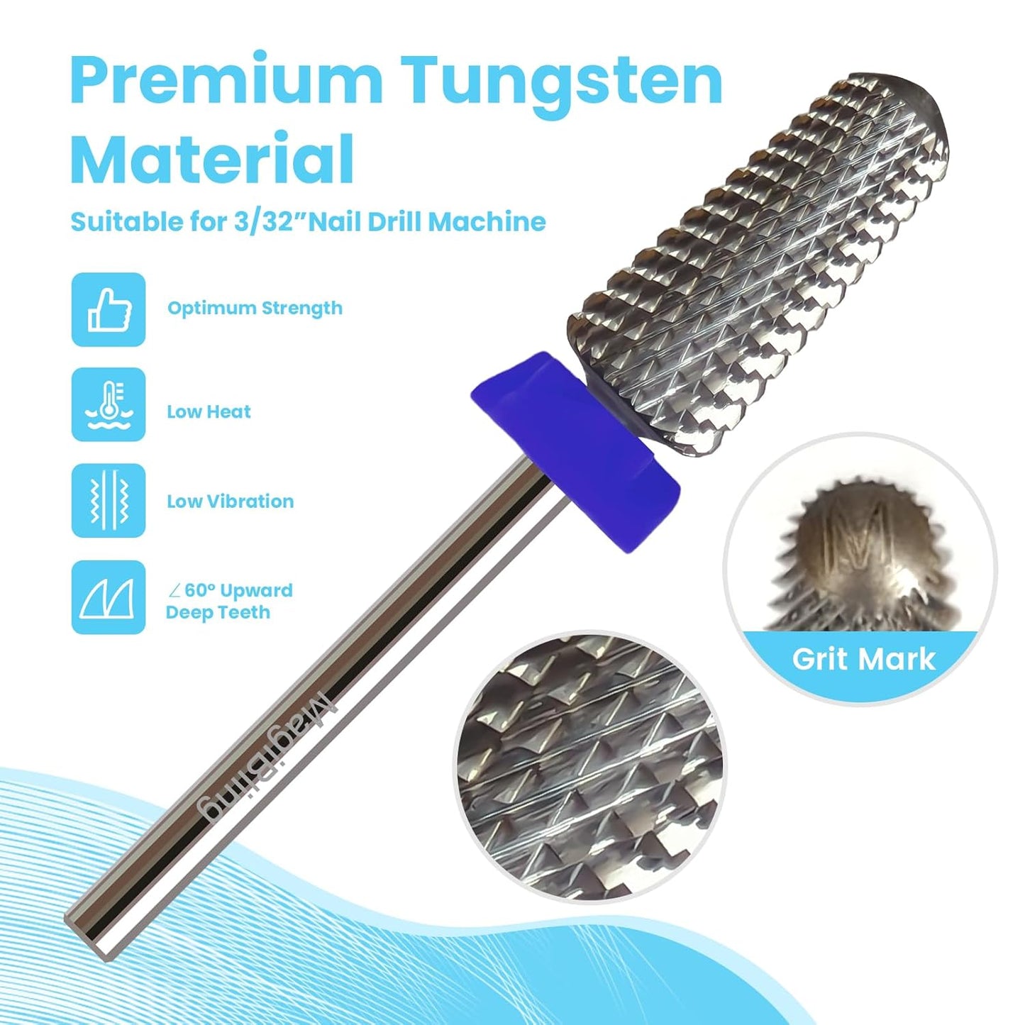 Super Cut Tapered Barrel 3/32'' Safety Tungsten Nail Drill Bits, Remove Gel Fast, Right handed, Suitable for Manicure Pedicure Cuticle Gel Polishing, Technicians Bits, Grit: Medium.