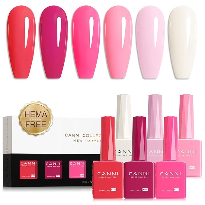 CANNI Pink Gel Nail Polish Set – 6 Colors Hot Light Pink, Magenta – Soak Off UV LED Gel for French Manicure, DIY Nail Art at Home, Long-Lasting Glossy Finish