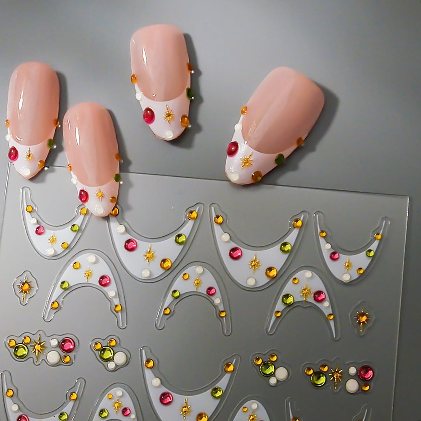 1 Sheets White French Tip Nail Decals for Nail Art 5d Star Diamond Nail Stickers Embossed French Tips Nail Art Stickers Self-Adhesive Colorful Rhinestones Stars Nail Design Sticker for Women